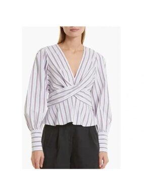 Veronica Beard Seema Wrap-effect Striped Poplin Top in Lilac‎ Size 8
